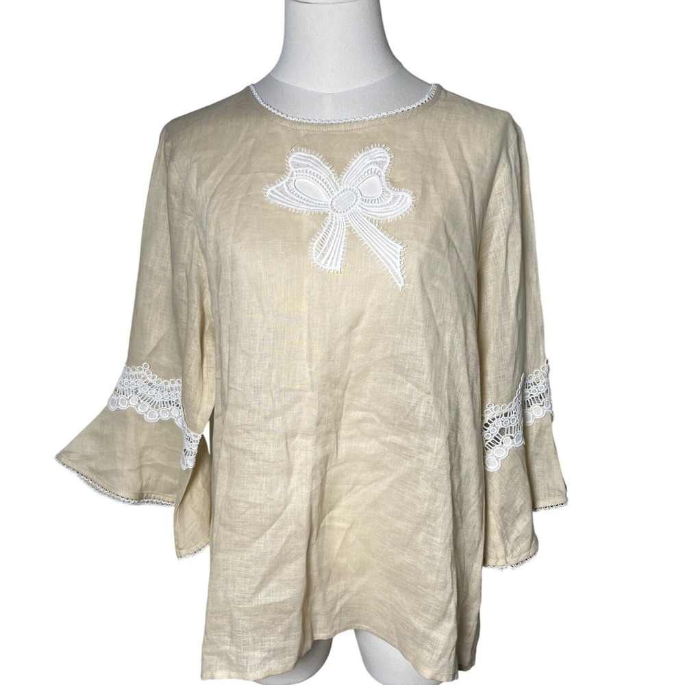 Karl Lagerfeld Paris Linen Blouse Cream‎ Lace Bell Sleeve Top Bow Detail M